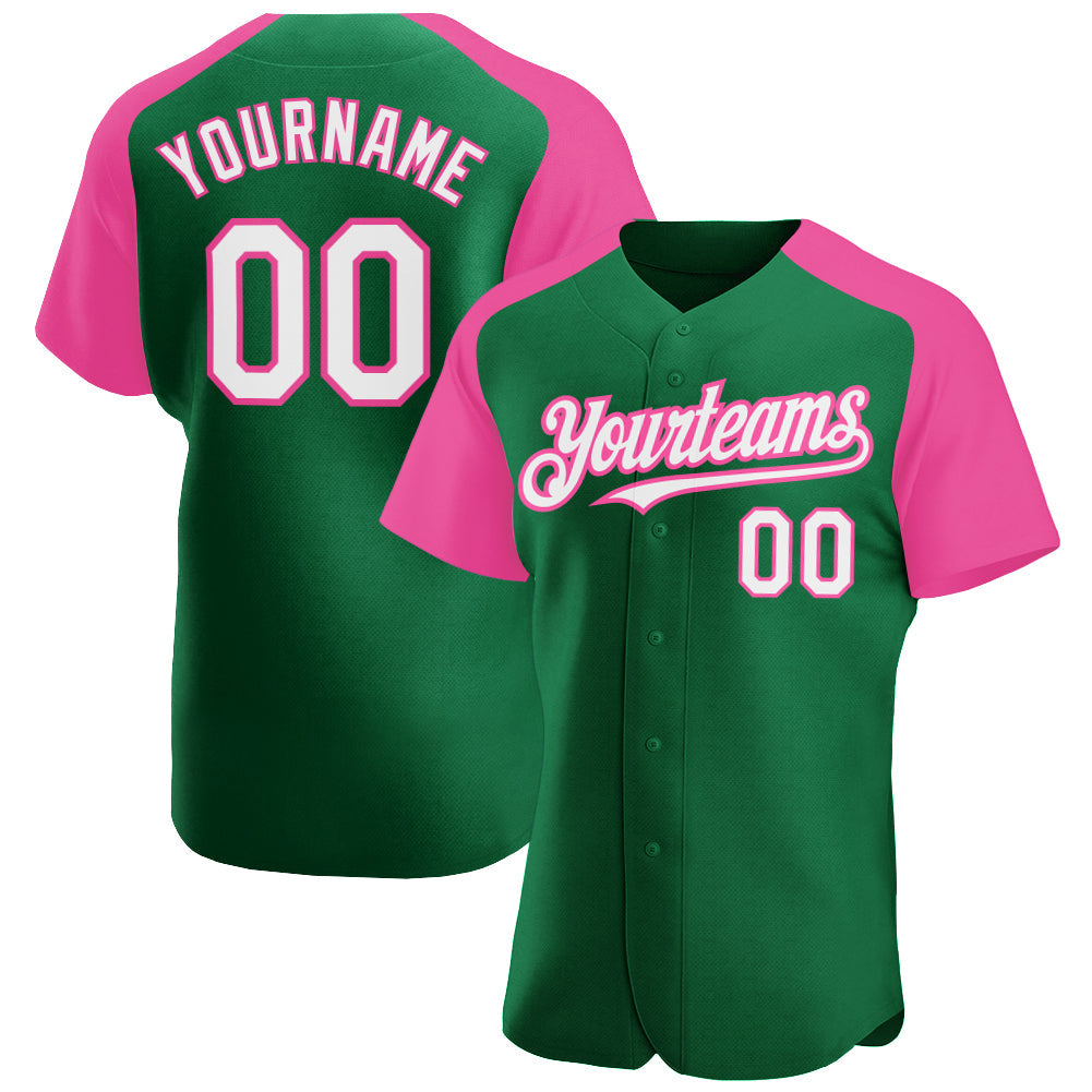 Custom Kelly Green White-Pink Authentic Raglan Sleeves Baseball Jersey - Main View