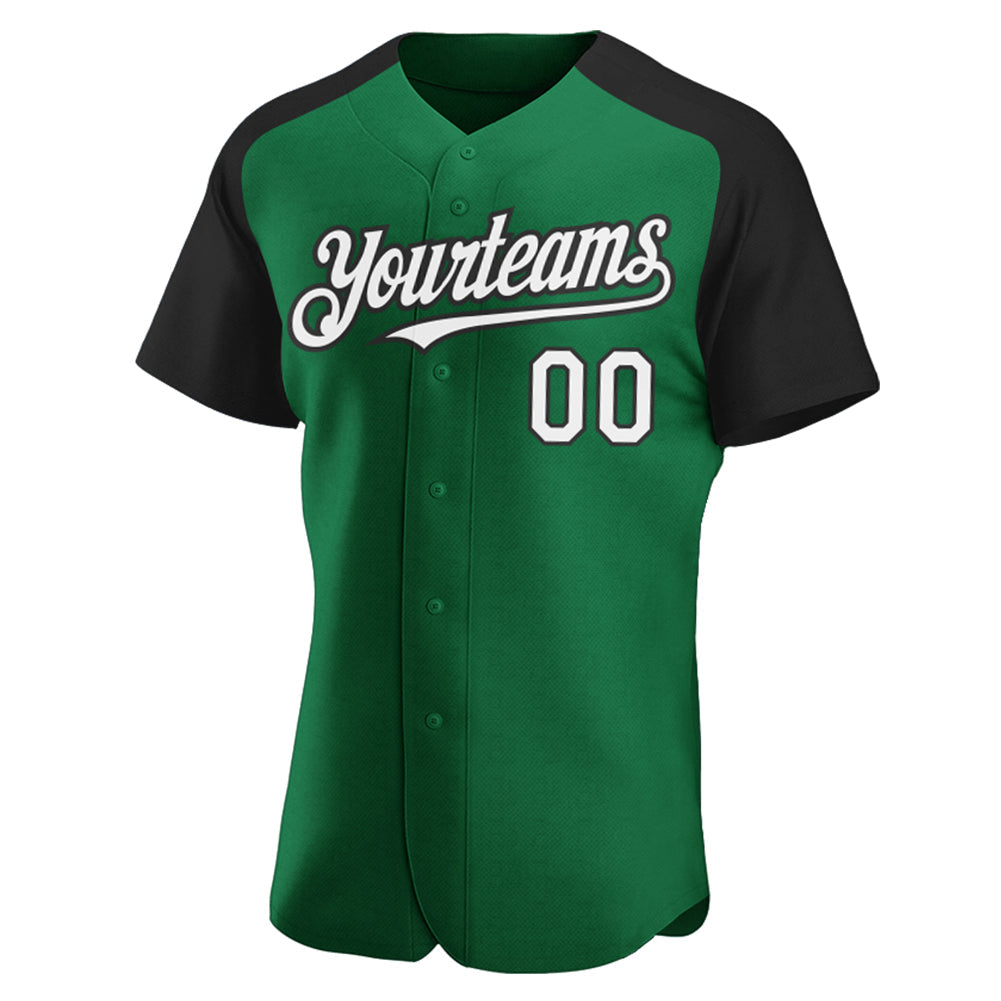 Custom Kelly Green White-Black Authentic Raglan Sleeves Baseball Jersey view 2