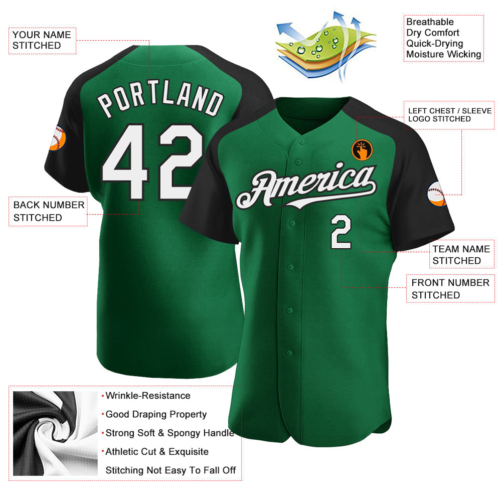 Custom Kelly Green White-Black Authentic Raglan Sleeves Baseball Jersey view 3