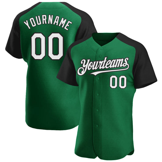 Custom Kelly Green White-Black Authentic Raglan Sleeves Baseball Jersey - Main View