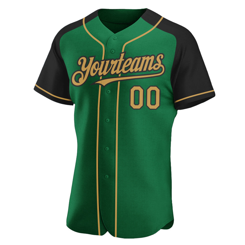 Custom Kelly Green Old Gold-Black Authentic Raglan Sleeves Baseball Jersey view 2