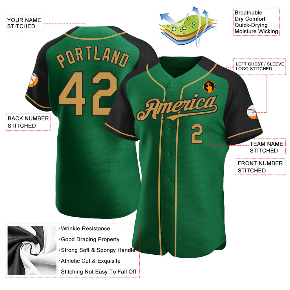 Custom Kelly Green Old Gold-Black Authentic Raglan Sleeves Baseball Jersey view 3