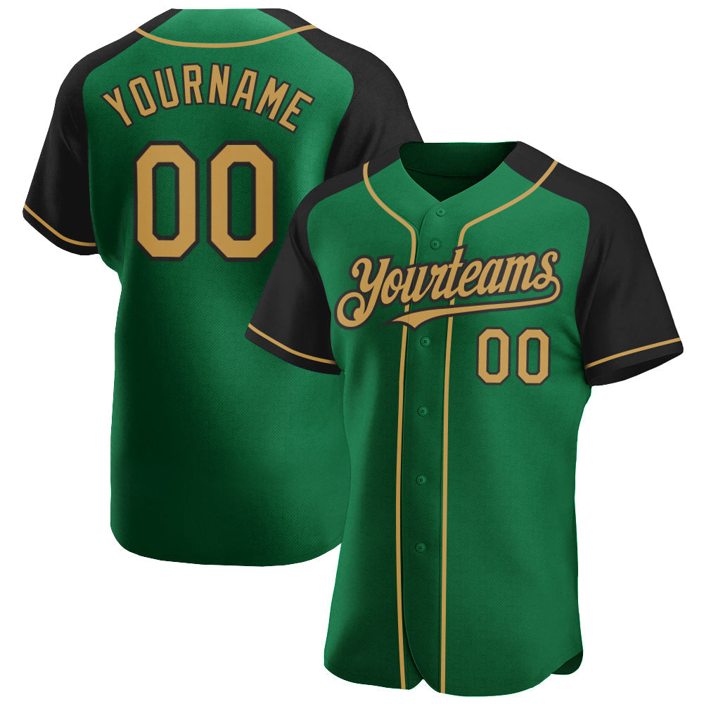 Custom Kelly Green Old Gold-Black Authentic Raglan Sleeves Baseball Jersey - Main View
