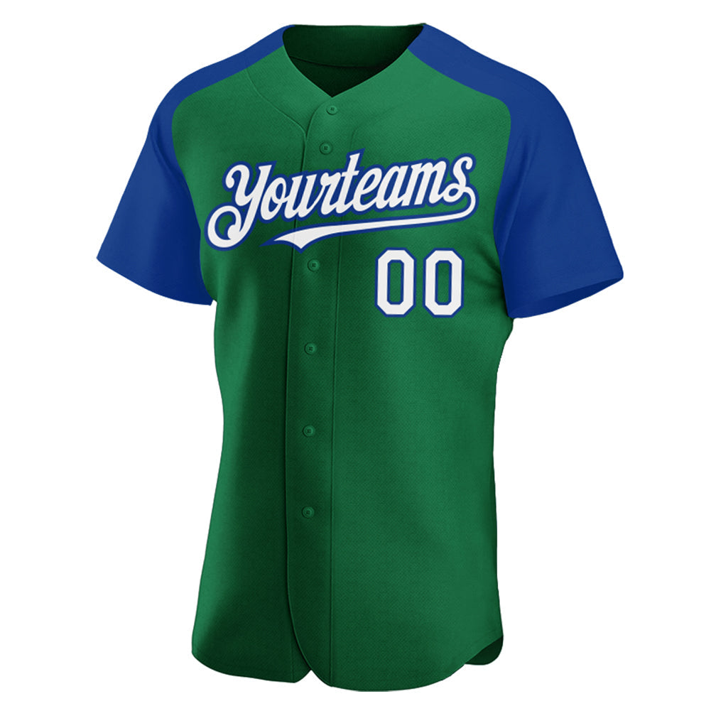 Custom Kelly Green White-Royal Authentic Raglan Sleeves Baseball Jersey view 2