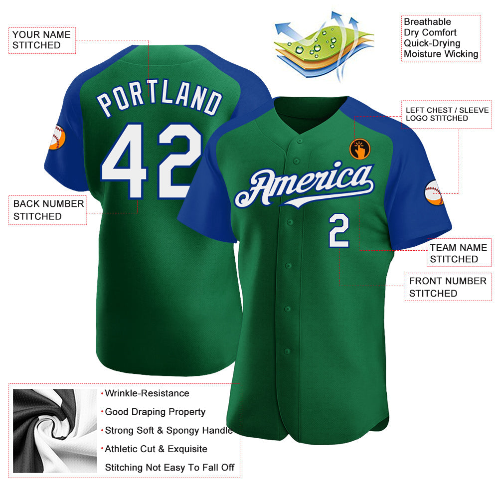 Custom Kelly Green White-Royal Authentic Raglan Sleeves Baseball Jersey view 3