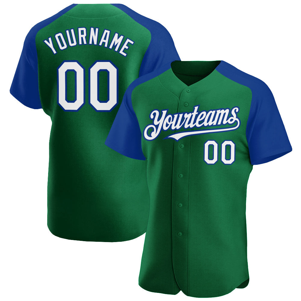 Custom Kelly Green White-Royal Authentic Raglan Sleeves Baseball Jersey - Main View