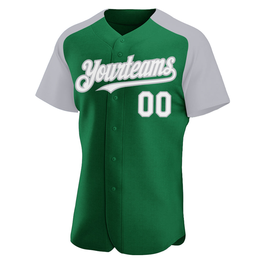 Custom Kelly Green White-Gray Authentic Raglan Sleeves Baseball Jersey view 2