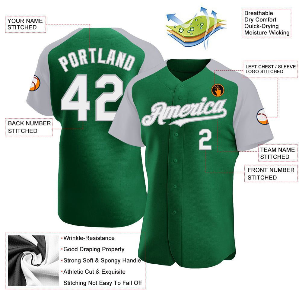 Custom Kelly Green White-Gray Authentic Raglan Sleeves Baseball Jersey view 3