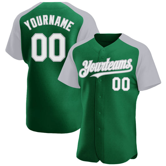 Custom Kelly Green White-Gray Authentic Raglan Sleeves Baseball Jersey - Main View