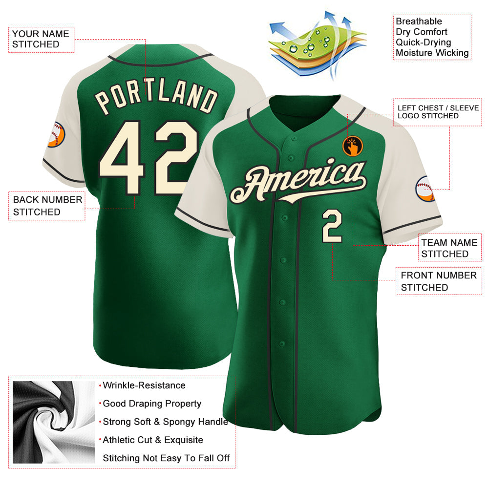 Custom Kelly Green Cream-Black Authentic Raglan Sleeves Baseball Jersey view 3