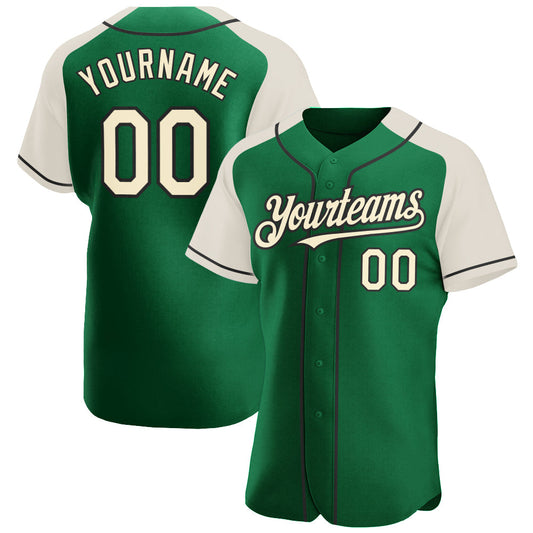 Custom Kelly Green Cream-Black Authentic Raglan Sleeves Baseball Jersey - Main View