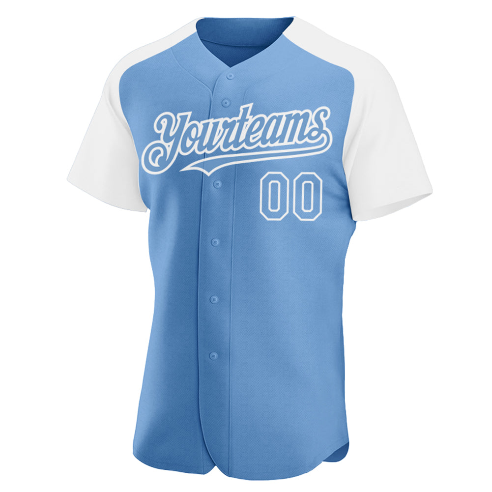 Custom Light Blue White Authentic Raglan Sleeves Baseball Jersey view 2