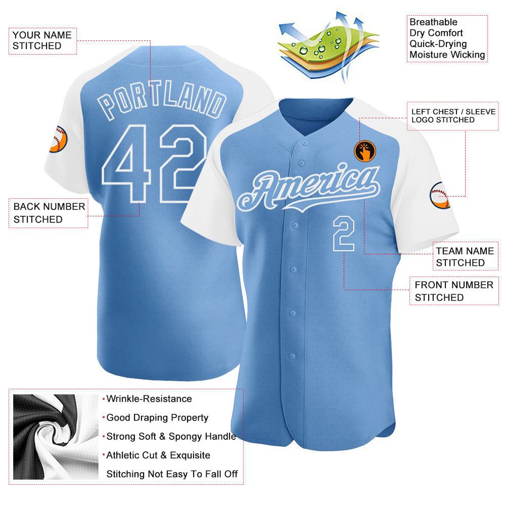 Custom Light Blue White Authentic Raglan Sleeves Baseball Jersey view 3