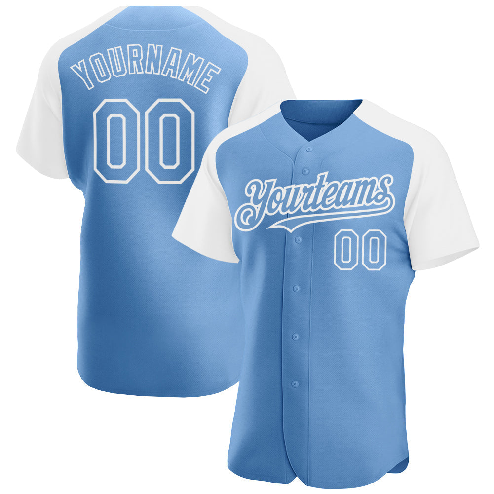 Custom Light Blue White Authentic Raglan Sleeves Baseball Jersey - Main View