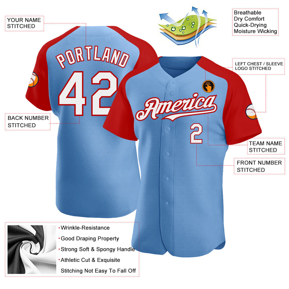 Custom Light Blue White-Red Authentic Raglan Sleeves Baseball Jersey view 3