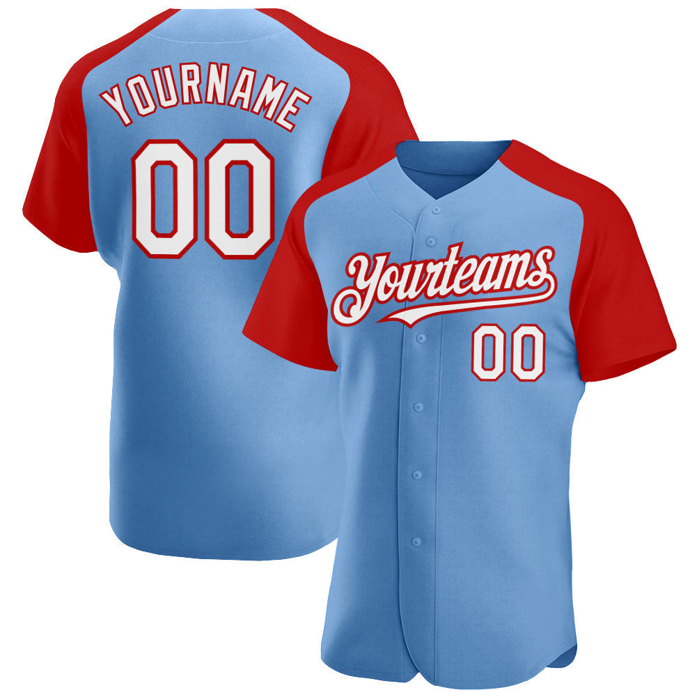 Custom Light Blue White-Red Authentic Raglan Sleeves Baseball Jersey - Main View