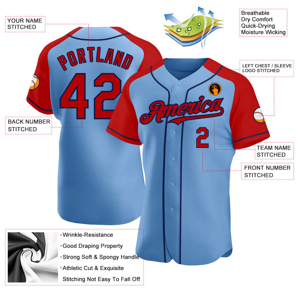 Custom Light Blue Red-Navy Authentic Raglan Sleeves Baseball Jersey view 3