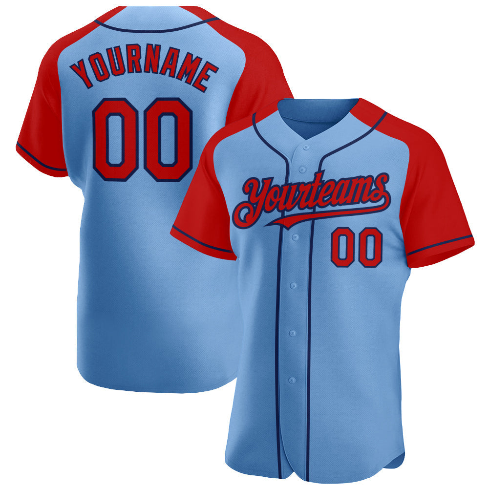 Custom Light Blue Red-Navy Authentic Raglan Sleeves Baseball Jersey - Main View