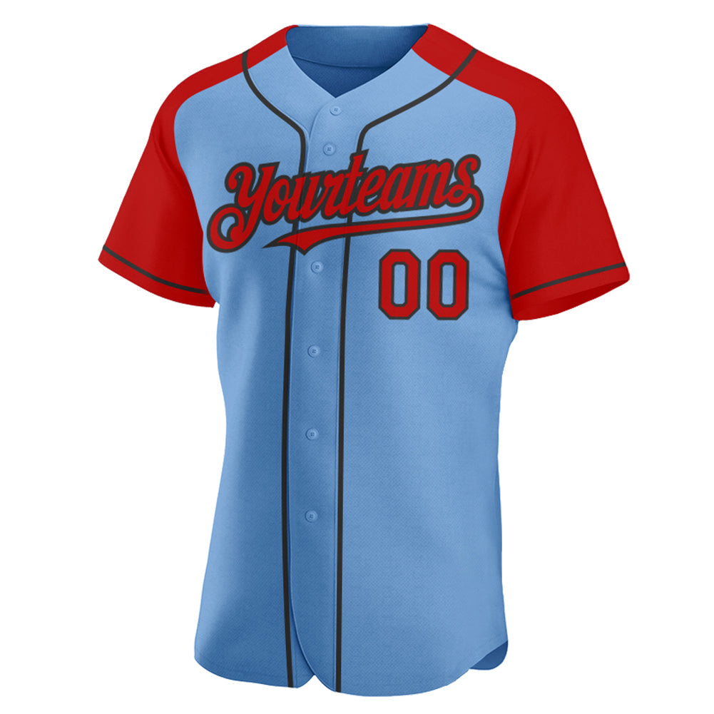Custom Light Blue Red-Black Authentic Raglan Sleeves Baseball Jersey view 2