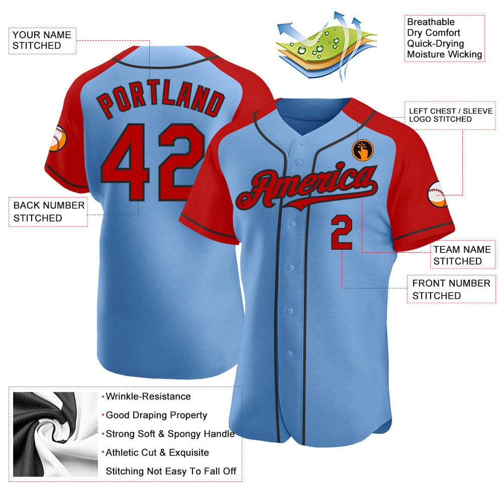 Custom Light Blue Red-Black Authentic Raglan Sleeves Baseball Jersey view 3