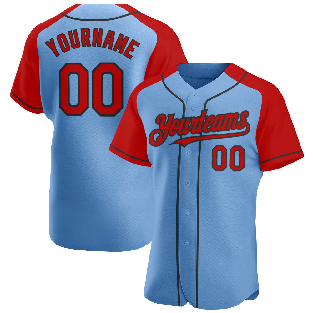 Custom Light Blue Red-Black Authentic Raglan Sleeves Baseball Jersey - Main View
