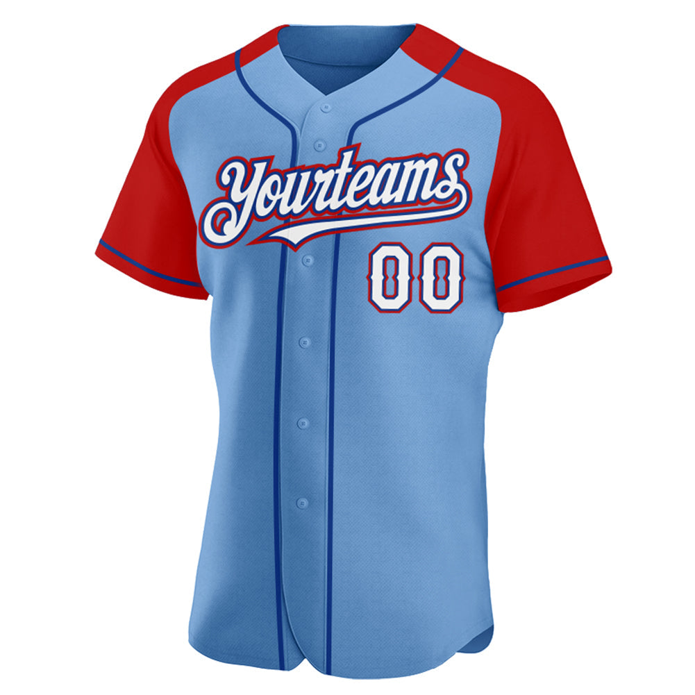 Custom Light Blue White Red-Royal Authentic Raglan Sleeves Baseball Jersey view 2