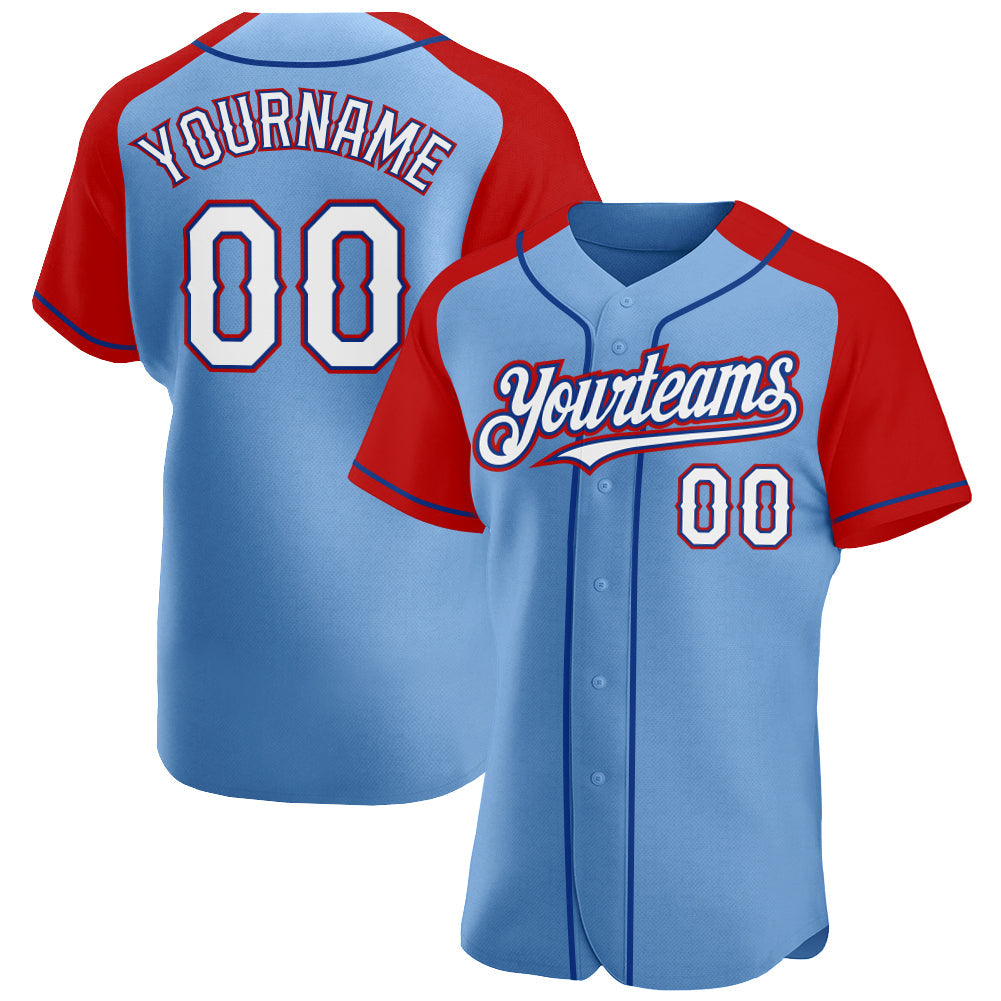 Custom Light Blue White Red-Royal Authentic Raglan Sleeves Baseball Jersey - Main View