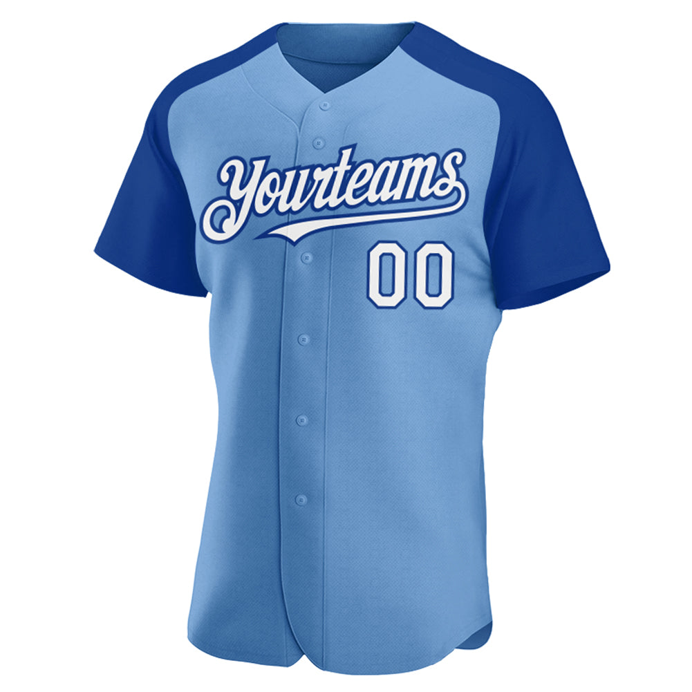 Custom Light Blue White-Royal Authentic Raglan Sleeves Baseball Jersey view 2