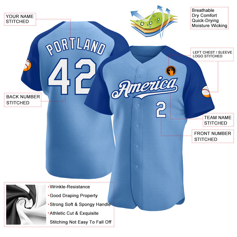 Custom Light Blue White-Royal Authentic Raglan Sleeves Baseball Jersey view 3