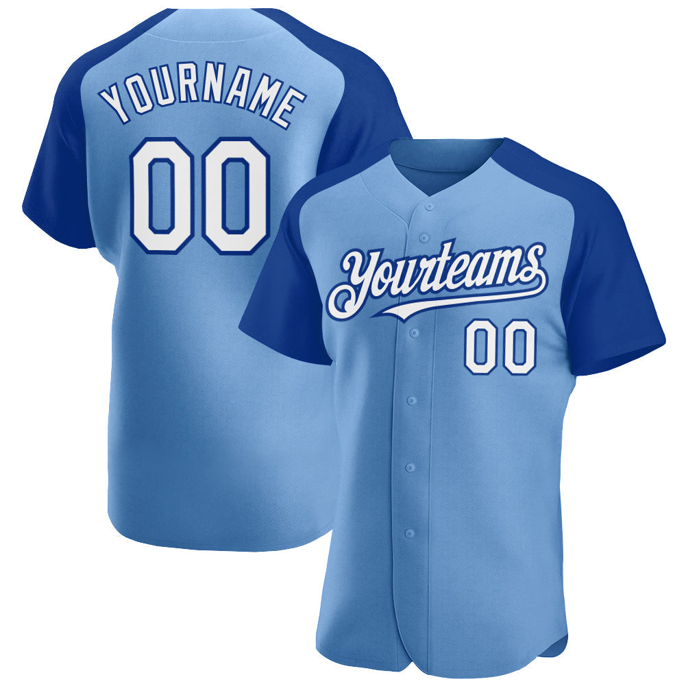 Custom Light Blue White-Royal Authentic Raglan Sleeves Baseball Jersey - Main View