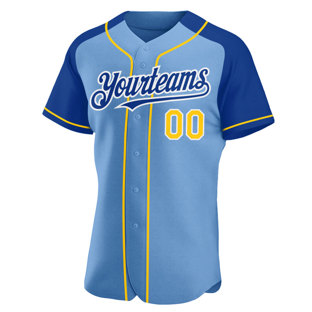 Custom Light Blue Yellow-Royal Authentic Raglan Sleeves Baseball Jersey view 2