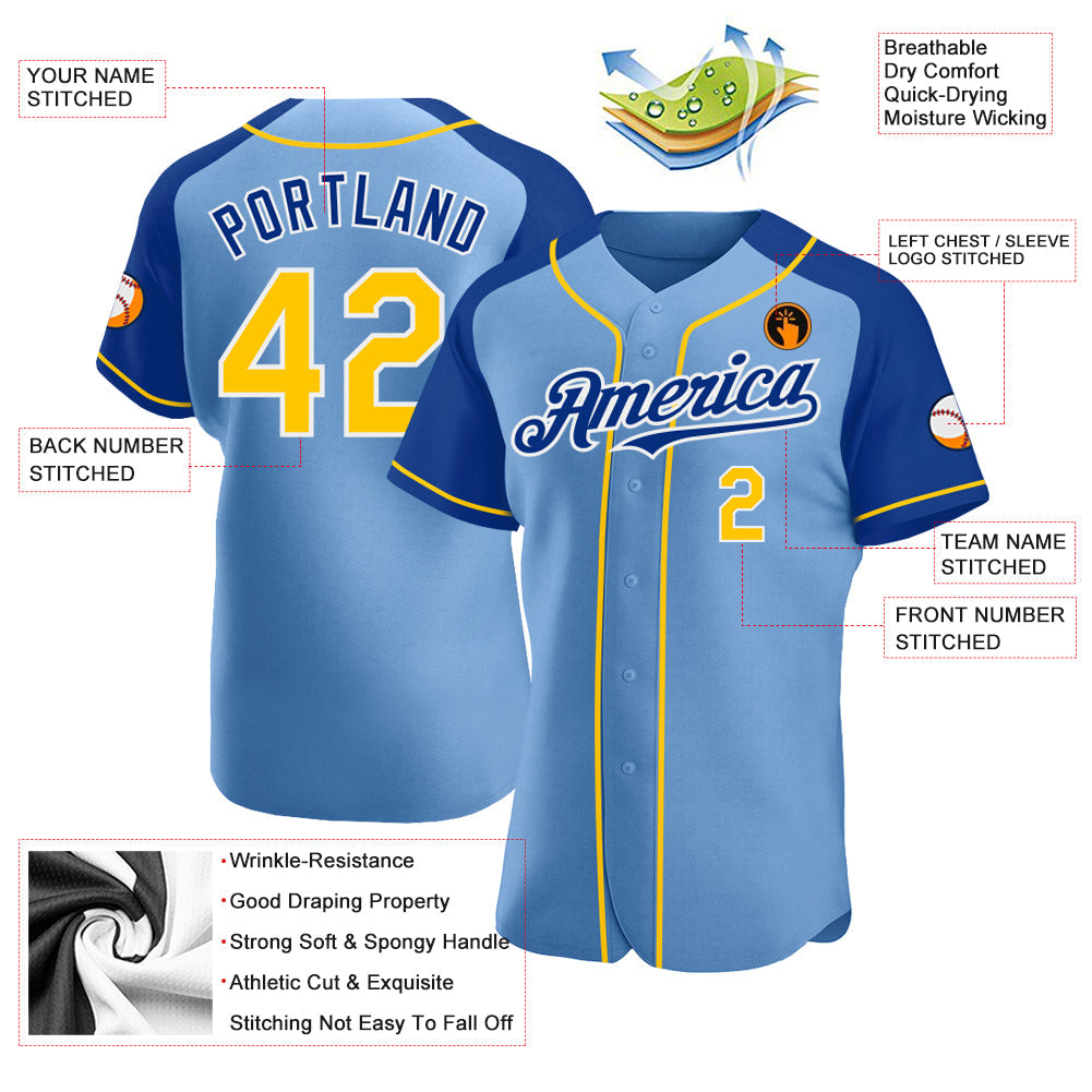 Custom Light Blue Yellow-Royal Authentic Raglan Sleeves Baseball Jersey view 3