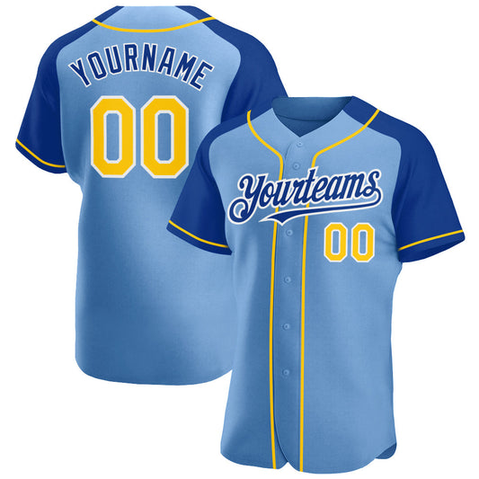 Custom Light Blue Yellow-Royal Authentic Raglan Sleeves Baseball Jersey - Main View