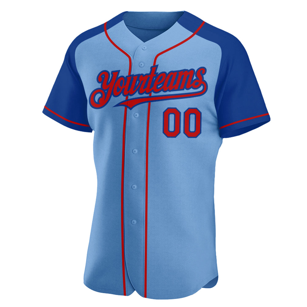 Custom Light Blue Red-Royal Authentic Raglan Sleeves Baseball Jersey view 2