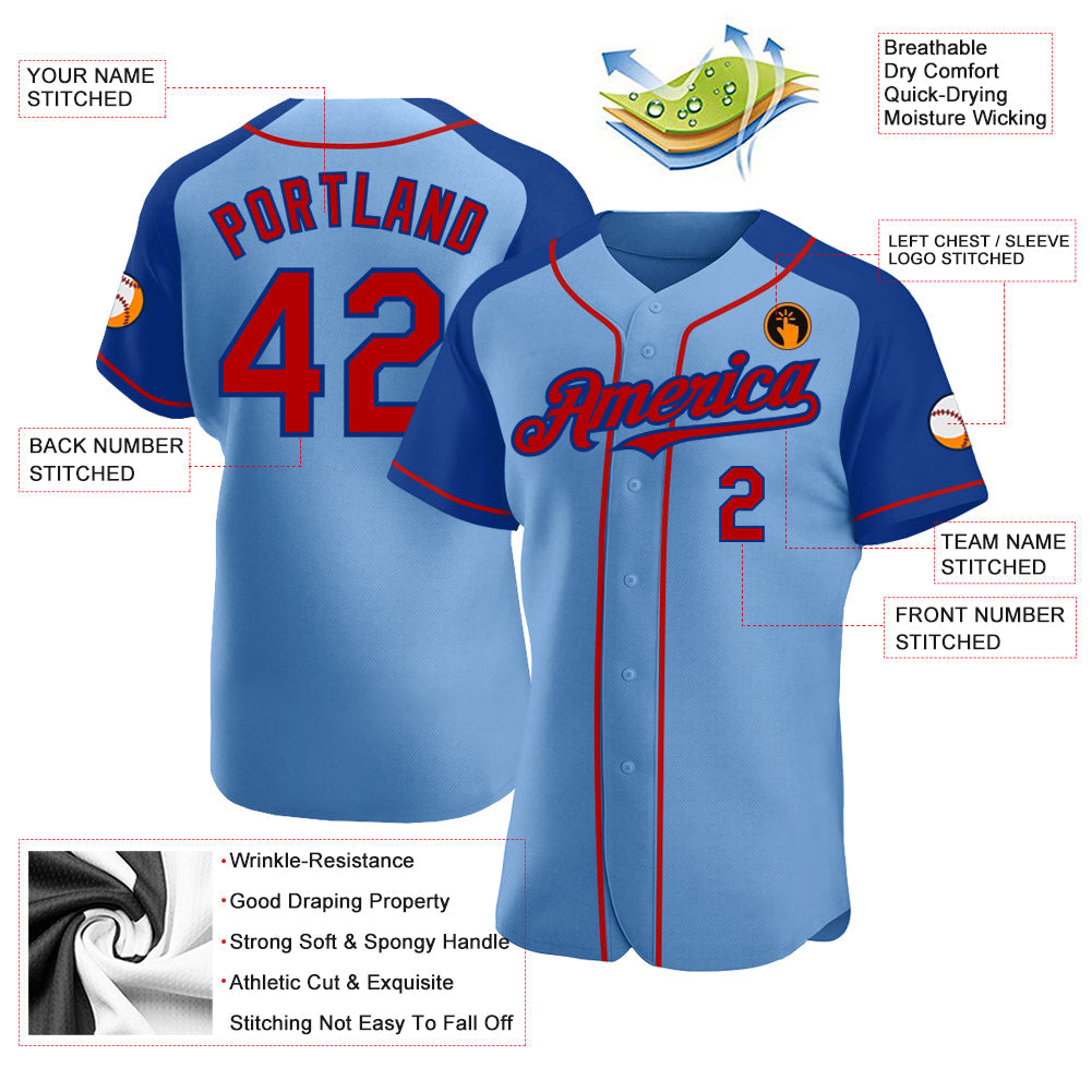 Custom Light Blue Red-Royal Authentic Raglan Sleeves Baseball Jersey view 3