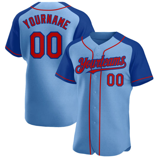 Custom Light Blue Red-Royal Authentic Raglan Sleeves Baseball Jersey - Main View