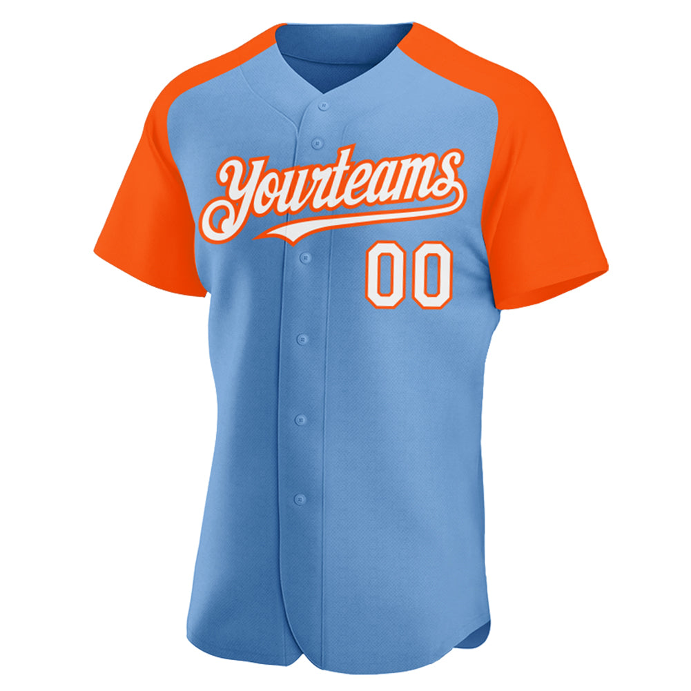 Custom Light Blue White-Orange Authentic Raglan Sleeves Baseball Jersey view 2