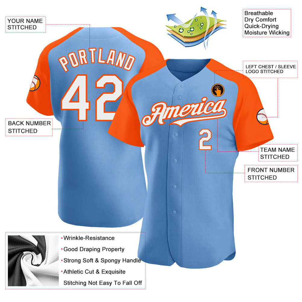 Custom Light Blue White-Orange Authentic Raglan Sleeves Baseball Jersey view 3
