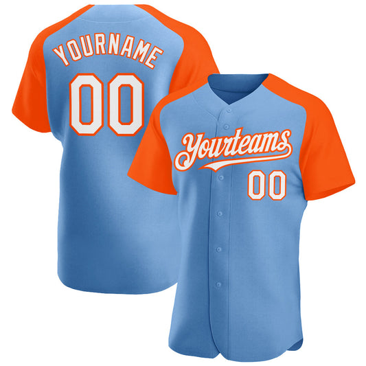 Custom Light Blue White-Orange Authentic Raglan Sleeves Baseball Jersey - Main View