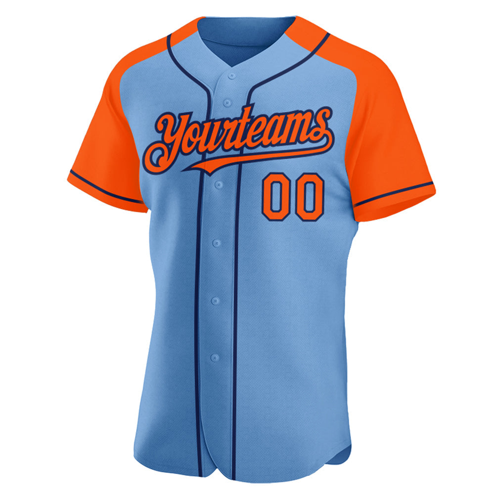 Custom Light Blue Orange-Navy Authentic Raglan Sleeves Baseball Jersey view 2