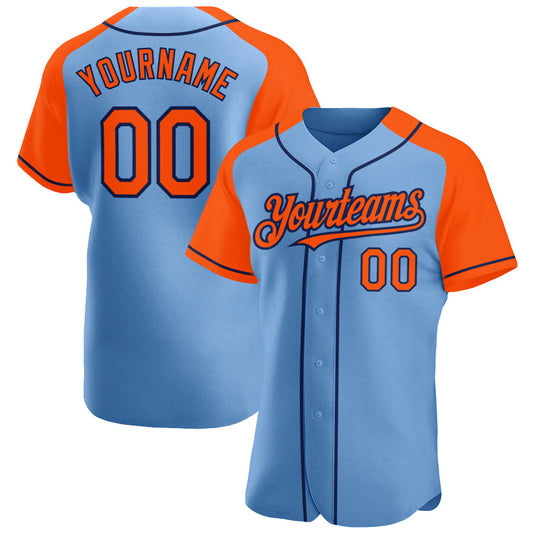 Custom Light Blue Orange-Navy Authentic Raglan Sleeves Baseball Jersey - Main View