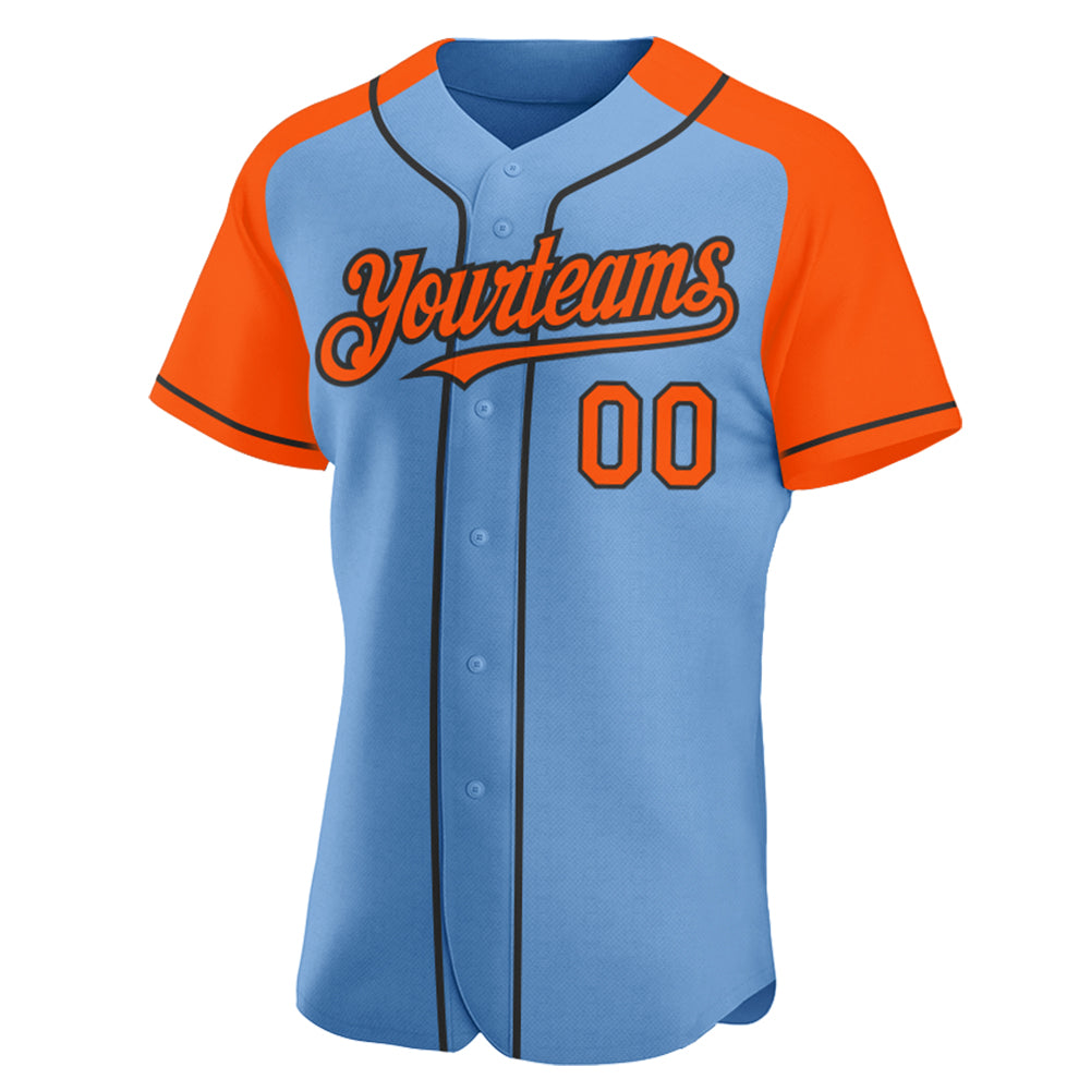 Custom Light Blue Orange-Black Authentic Raglan Sleeves Baseball Jersey view 2