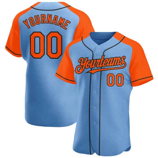 Custom Light Blue Orange-Black Authentic Raglan Sleeves Baseball Jersey - Main View