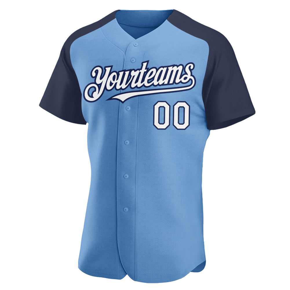 Custom Light Blue White-Navy Authentic Raglan Sleeves Baseball Jersey view 2