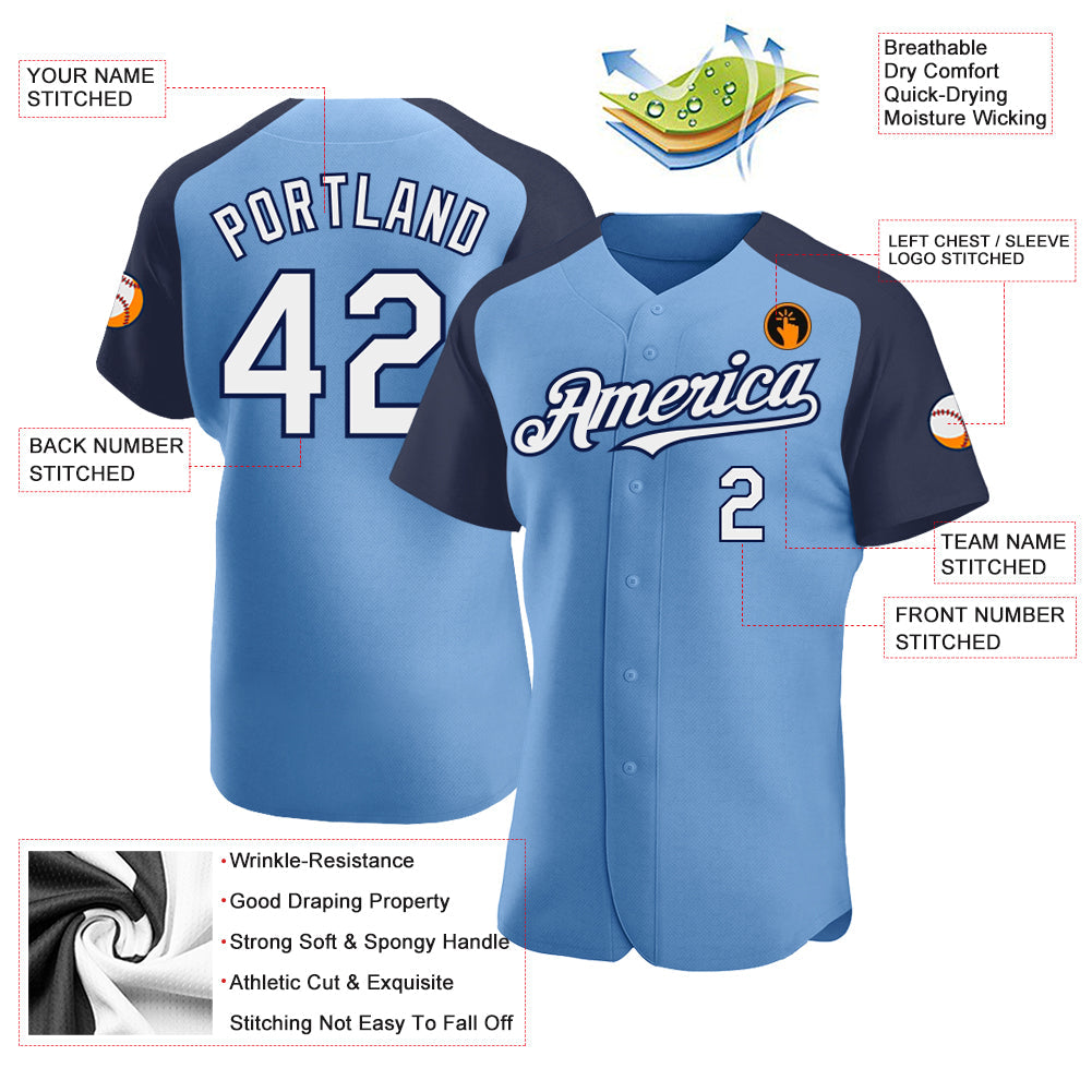 Custom Light Blue White-Navy Authentic Raglan Sleeves Baseball Jersey view 3