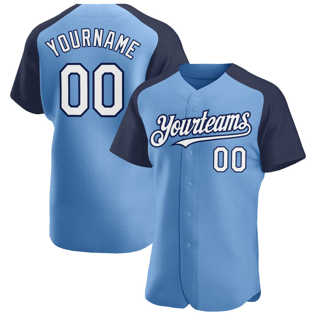 Custom Light Blue White-Navy Authentic Raglan Sleeves Baseball Jersey - Main View