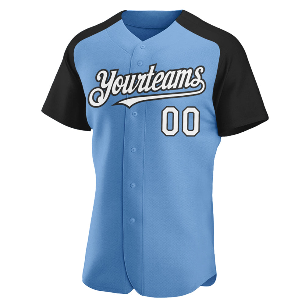 Custom Light Blue White-Black Authentic Raglan Sleeves Baseball Jersey view 2