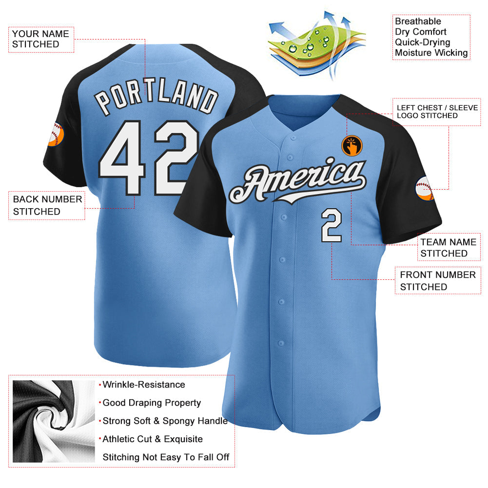 Custom Light Blue White-Black Authentic Raglan Sleeves Baseball Jersey view 3