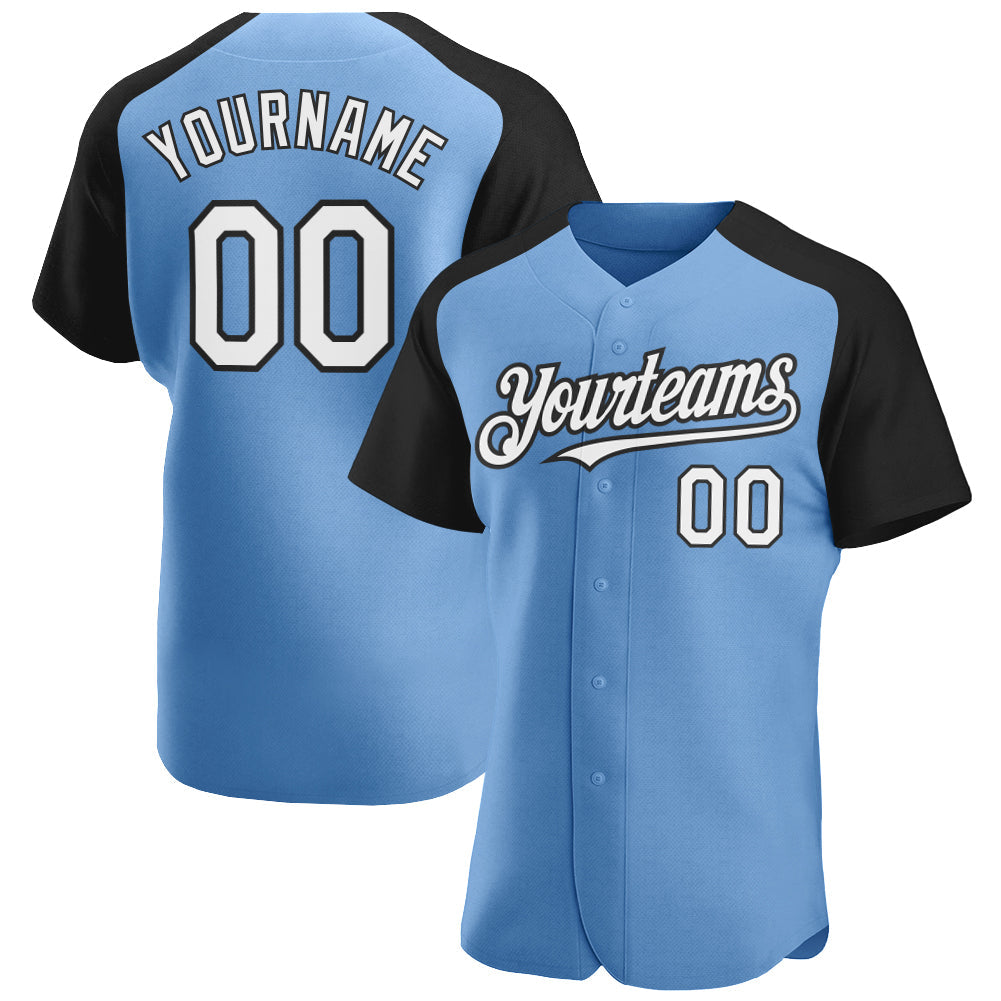 Custom Light Blue White-Black Authentic Raglan Sleeves Baseball Jersey - Main View