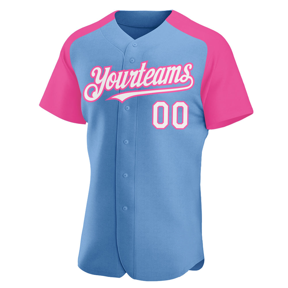 Custom Light Blue White-Pink Authentic Raglan Sleeves Baseball Jersey view 2